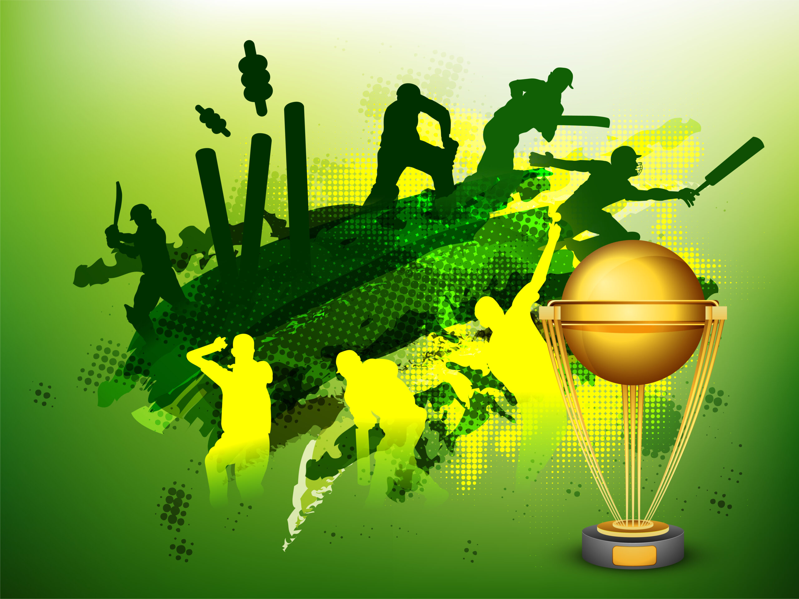 Green Cricket Sports background with illustration of players and golden trophy cup. fantasy cricket